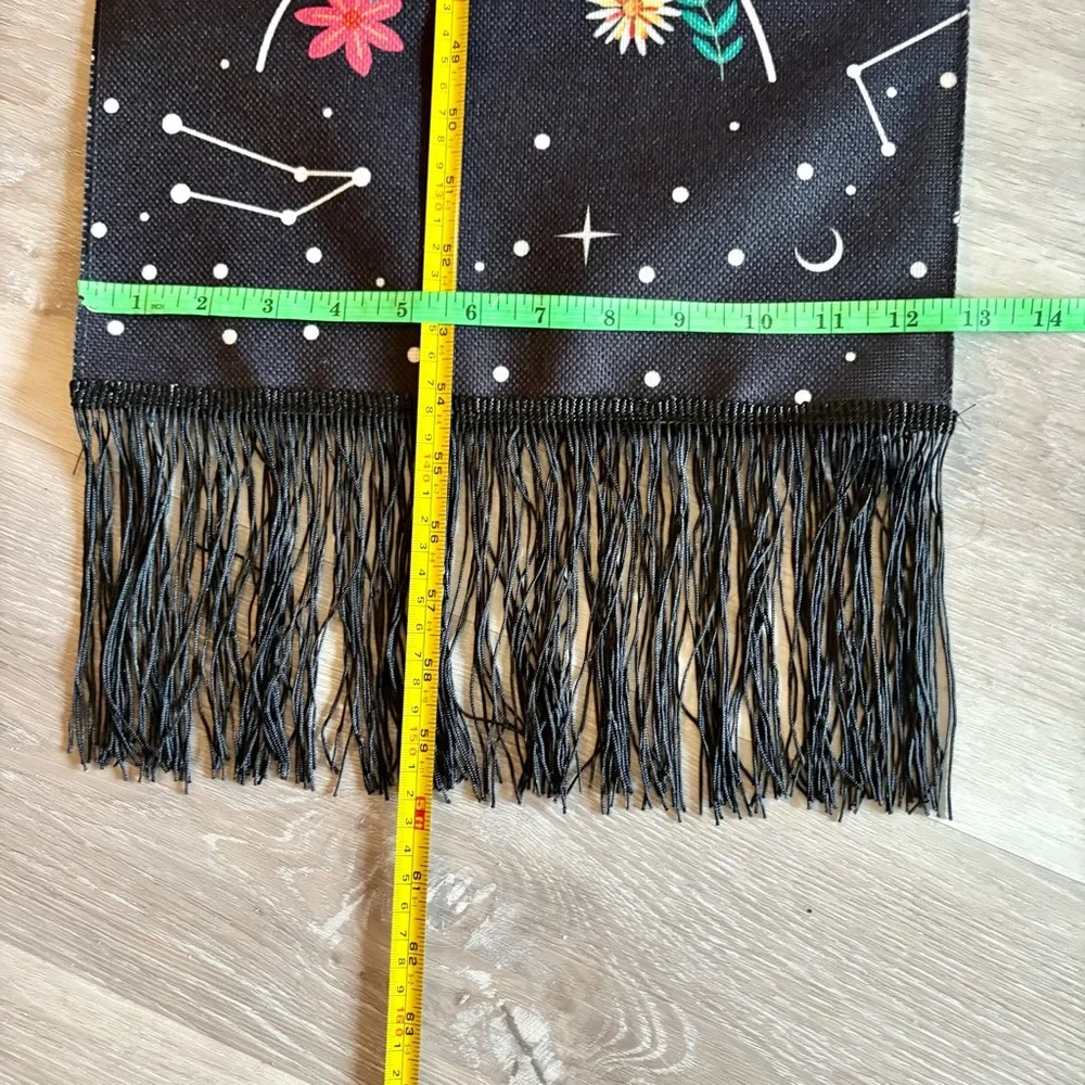 Long Tapestry Black Boho Wall Hanging Floral Moon Phase Design with Fringe